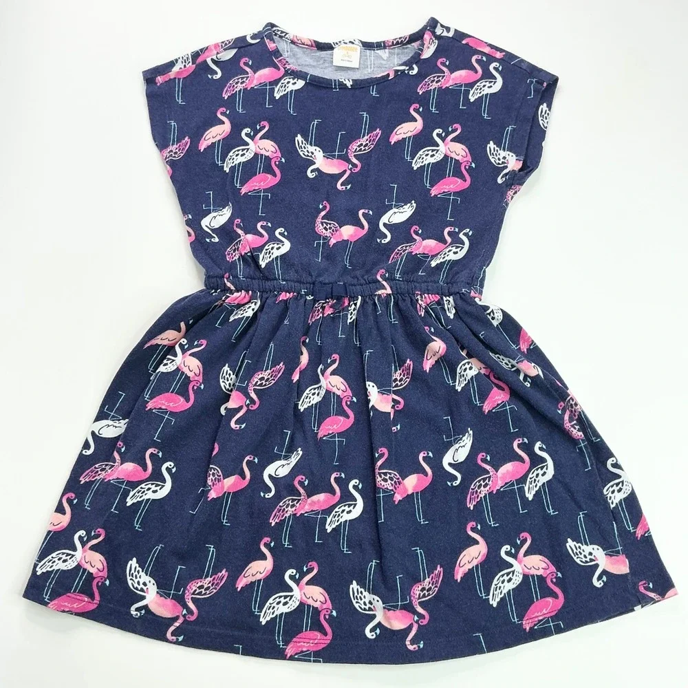 Gymboree Navy Blue Flamingo Dress Kids Size S 5-6 Cotton Jersey Cap Sleeve